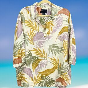Tahari Linen Blouse Women Plus Size 1X Floral Hawaiian Resort Vacation Tunic